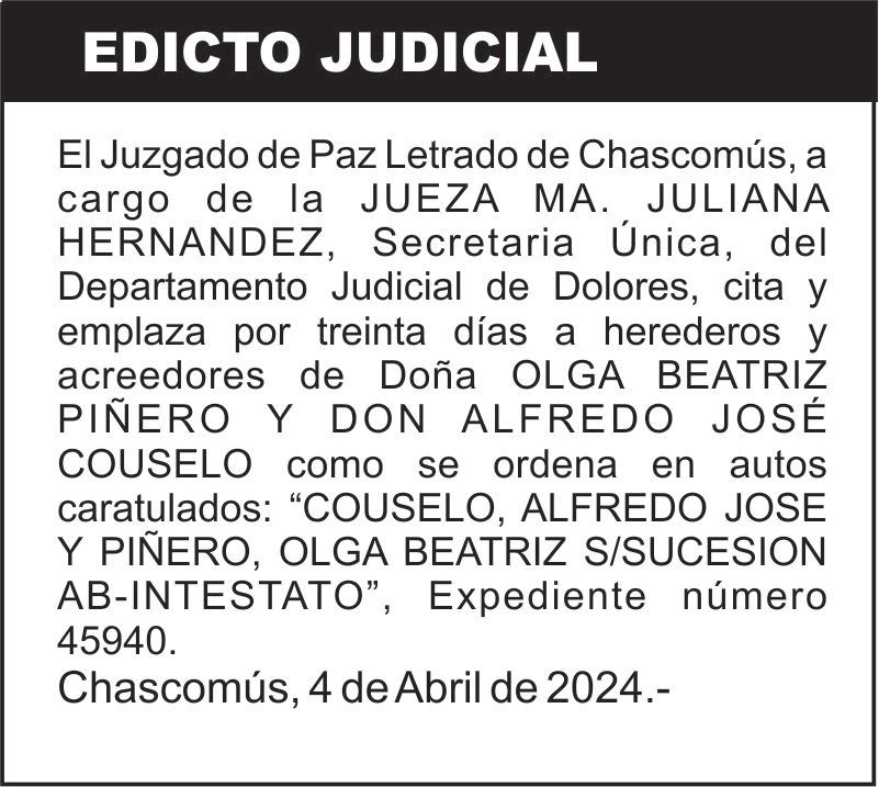 “COUSELO, ALFREDO JOSE Y PIÑERO, OLGA BEATRIZ S/SUCESION AB-INTESTATO”