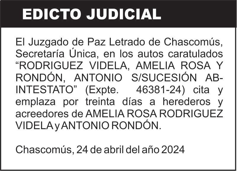 “RODRIGUEZ VIDELA, AMELIA ROSA Y RONDÓN, ANTONIO S/SUCESIÓN AB-INTESTATO”