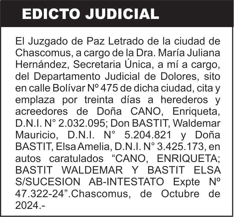 CANO, ENRIQUETA; BASTIT WALDEMAR Y BASTIT ELSA S/SUCESION AB-INTESTATO