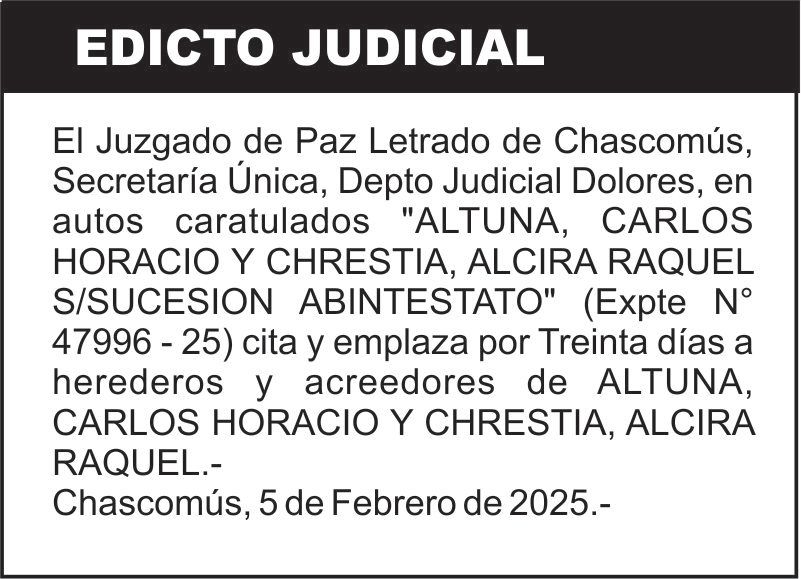 “ALTUNA, CARLOS HORACIO Y CHRESTIA, ALCIRA RAQUEL S/SUCESION ABINTESTATO”