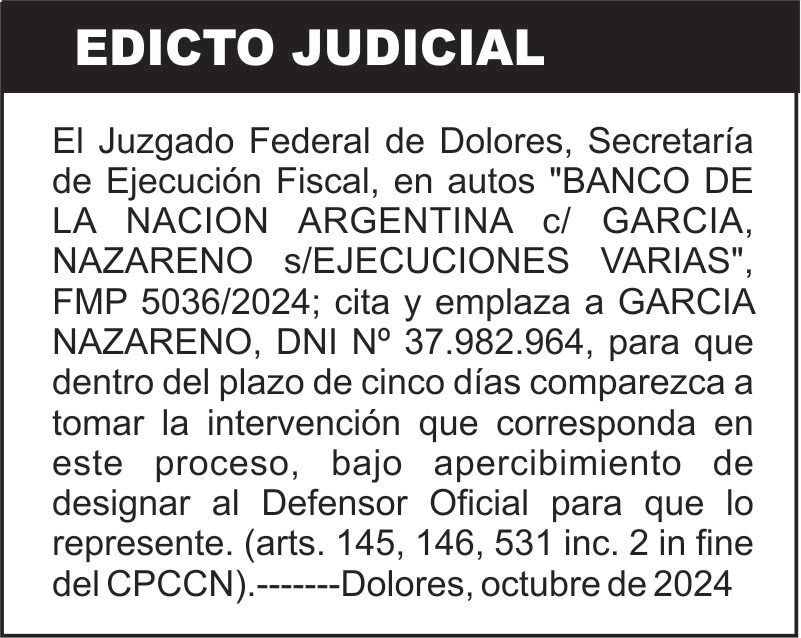 “BANCO DE LA NACION ARGENTINA c/ GARCIA, NAZARENO s/EJECUCIONES VARIAS”, FMP 5036/2024