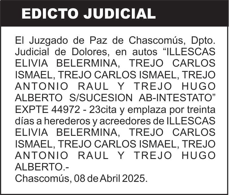 ILLESCAS ELIVIA BELERMINA, TREJO CARLOS ISMAEL, TREJO CARLOS ISMAEL, TREJO ANTONIO RAUL Y TREJO HUGO ALBERTO S/SUCESION AB-INTESTATO