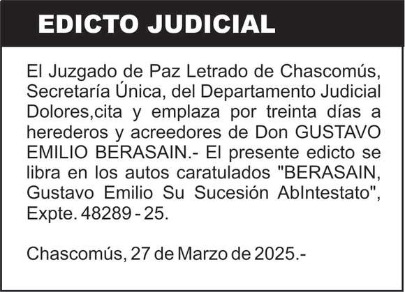 “BERASAIN, Gustavo Emilio Su Sucesión AbIntestato”