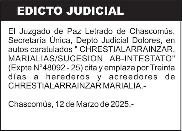 CHRESTIALARRAINZAR, MARIALIAS/SUCESION AB-INTESTATO