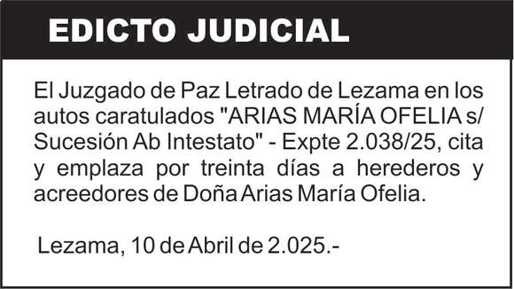 ARIAS MARÍA OFELIA s/ Sucesión Ab Intestato