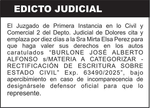 BURLONE JOSÉ ALBERTO ALFONSO S/MATERIA A CATEGORIZAR. COMPLEMENTO DE CARÁTULA: RECTIFICACIÓN DE ESCRITURA SOBRE ESTADO CIVIL