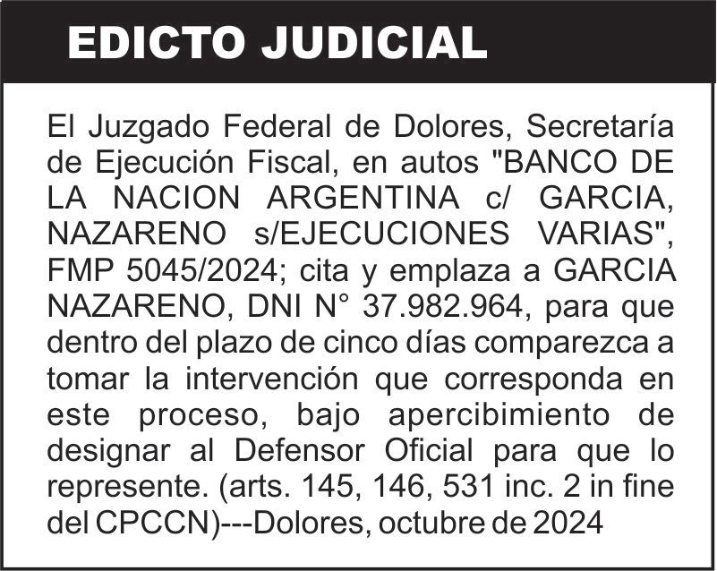 “BANCO DE LA NACION ARGENTINA c/ GARCIA, NAZARENO s/EJECUCIONES VARIAS”, FMP 5045/2024