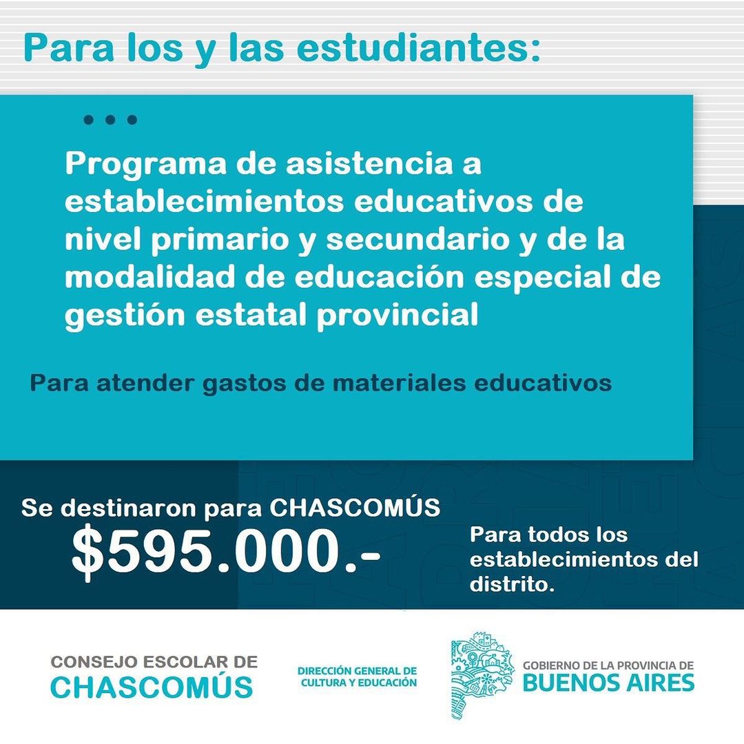 La provincia destinó más de 500 mil pesos al partido de Chascomús para gastos en materiales educativos